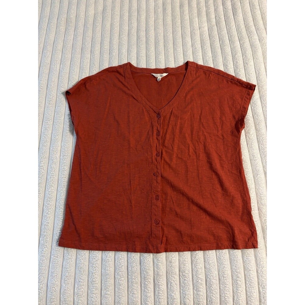 Seasalt cornwall V Neck button up Short sleeve Blouse Top Women 10/Medium Orange